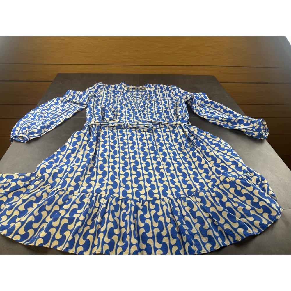 ZARA Blue & White Geometric Print Belted Mini dress size XS